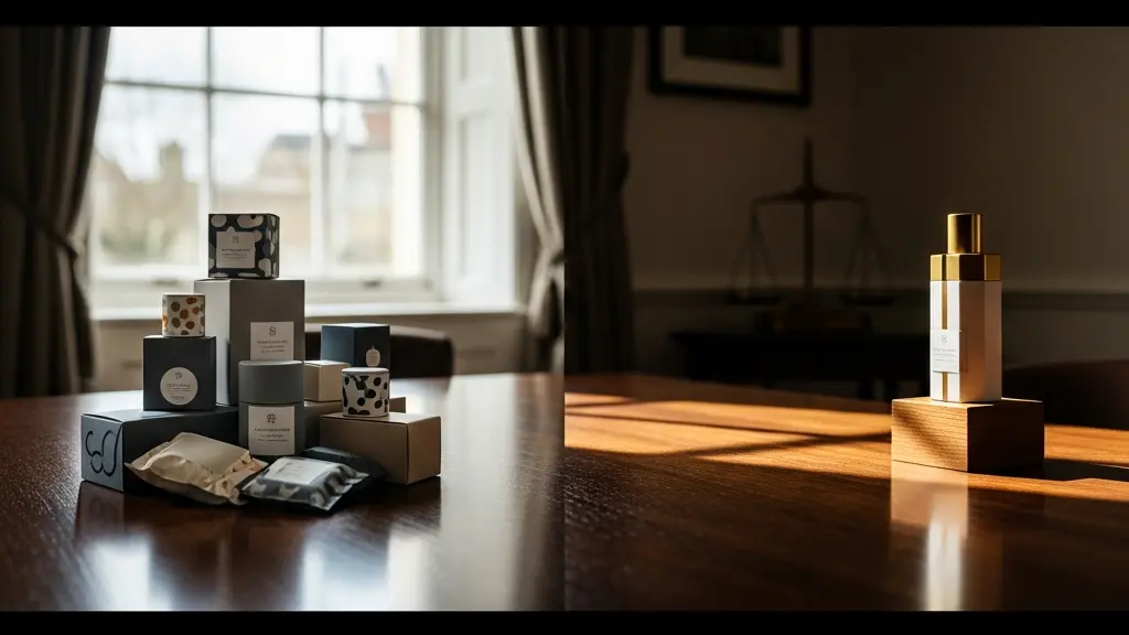 A carefully arranged collection of diverse consumer products on a clean surface with dramatic lighting, symbolizing product mix optimization for profit margin improvement.