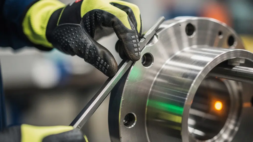 Factory worker examining productivity improvements through transparent metrics display