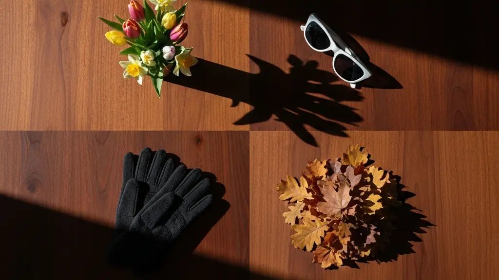 An overhead view of a desk with seasonal objects representing the four financial quarters, symbolizing dividend timing optimization.
