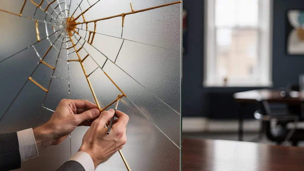 A cracked glass surface being carefully repaired with golden resin, symbolising the rebuilding of customer trust after a service outage or data breach, set against a muted London office backdrop.