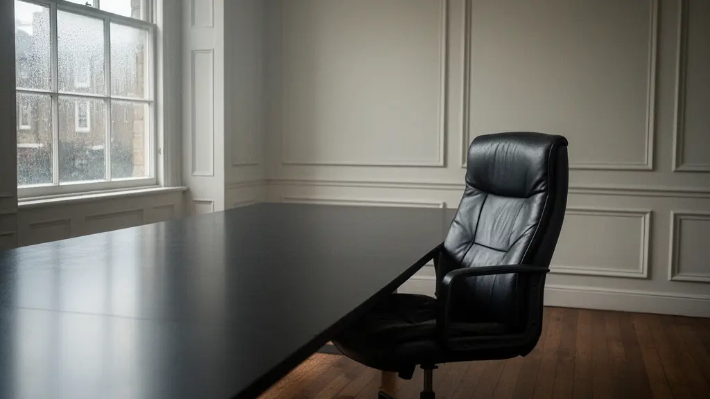 An empty leather chair pulled back from a boardroom table in a London office, with soft natural window light creating a contemplative atmosphere.