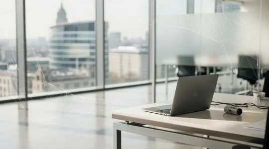 Professional business environment showing secure digital collaboration between company and freelancers