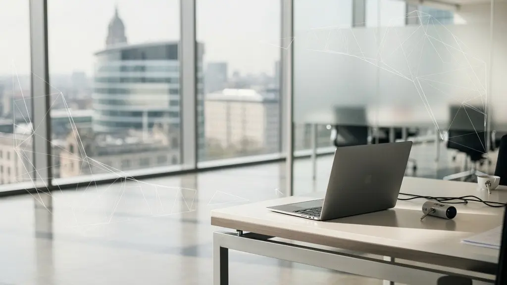 Professional business environment showing secure digital collaboration between company and freelancers