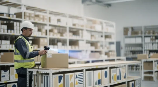 Professional verification of authenticated products in modern warehouse using advanced tracking technology