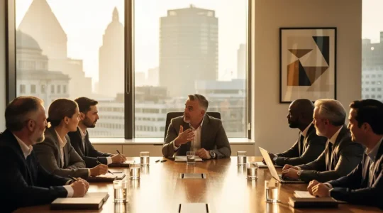 Corporate boardroom scene with diverse executives in professional meeting setting