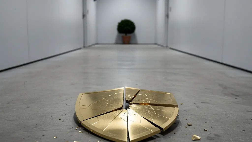 A polished brass shield lying fractured on a concrete floor under harsh overhead light, symbolising how defensive corporate language breaks rather than protects reputation.