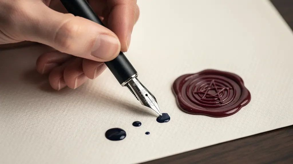 Close-up of a hand holding a fine fountain pen over textured cream stationery with a dark wax seal, symbolising a sincere and carefully crafted corporate apology.