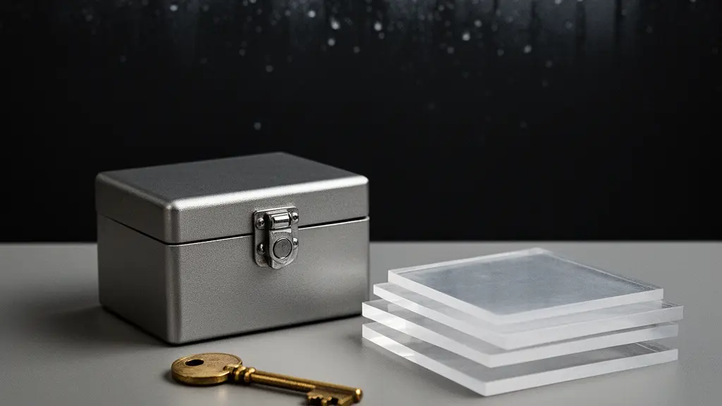 A conceptual lockbox with layered materials symbolizing controlled internal truth and version control, photographed with dramatic editorial lighting and no readable text.
