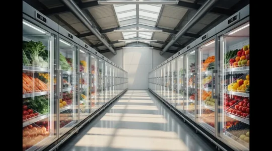 Modern UK distribution centre with automated systems monitoring fresh produce inventory levels