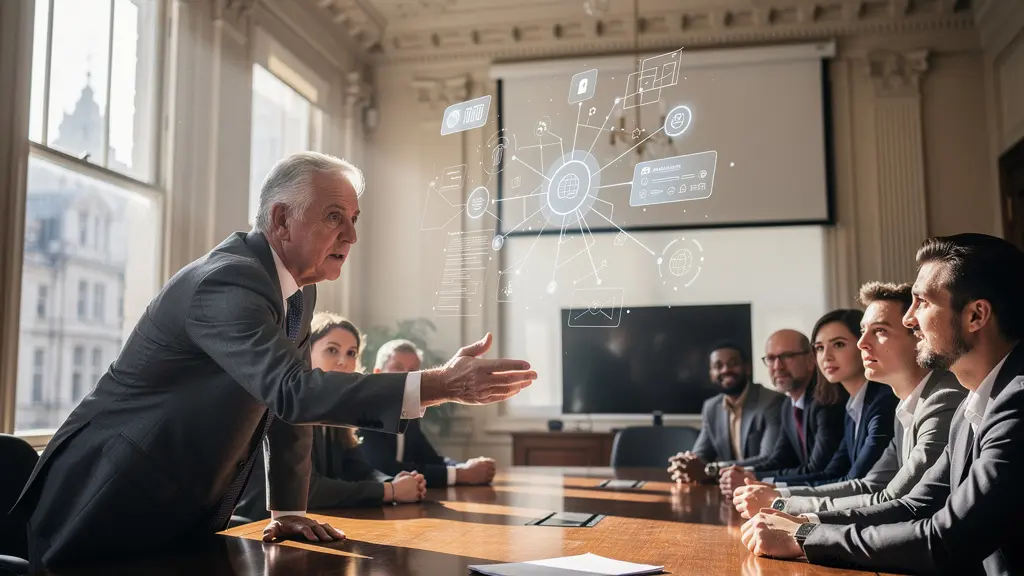 Traditional UK office meeting room showing diverse professionals in discussion around a modern digital interface