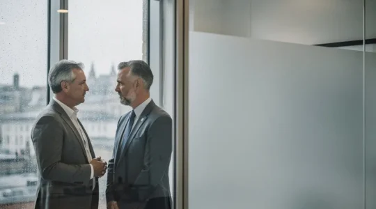 A calm crisis communications briefing scene in a modern London office with subtle tension, natural light, and ample negative space.