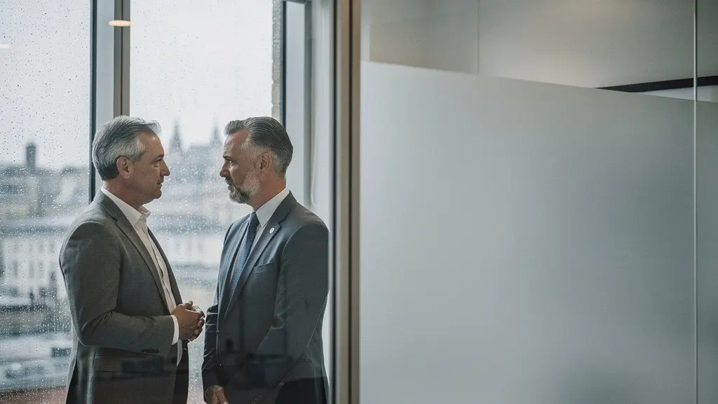 A calm crisis communications briefing scene in a modern London office with subtle tension, natural light, and ample negative space.