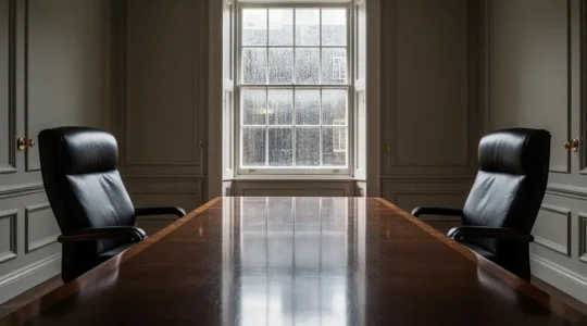 A polished UK boardroom table with opposing chairs and a blurred reflection symbolising conflicting interests in corporate governance.