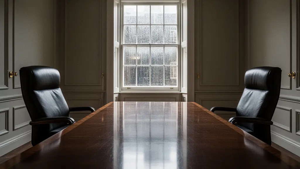 A polished UK boardroom table with opposing chairs and a blurred reflection symbolising conflicting interests in corporate governance.