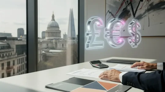 UK business executive analyzing multiple currency graphs and cash flow charts on translucent screens in modern London office