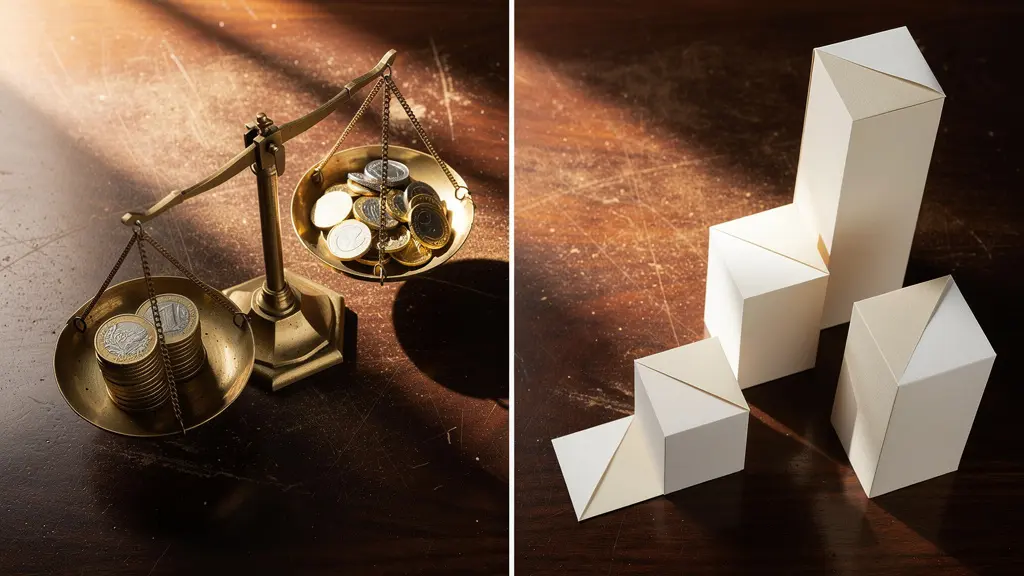 Split composition showing contrasting financing methods with British financial symbols