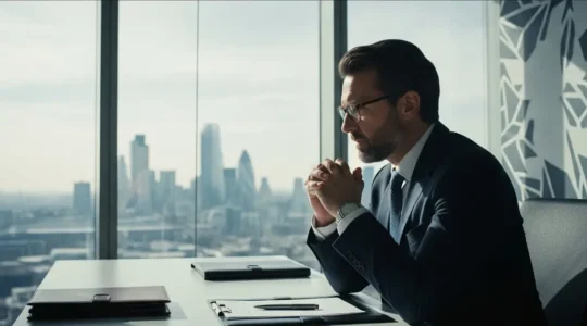 UK business owner reviewing financial documents in modern London office