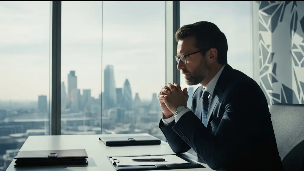 UK business owner reviewing financial documents in modern London office