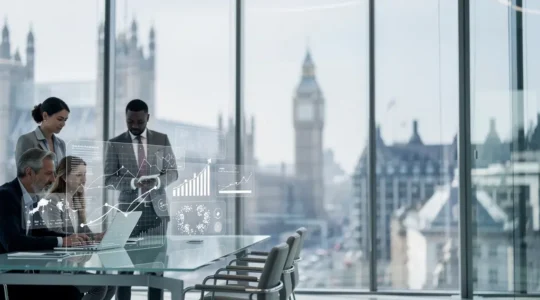 Business professionals analyzing digital data trends on screens in modern UK office