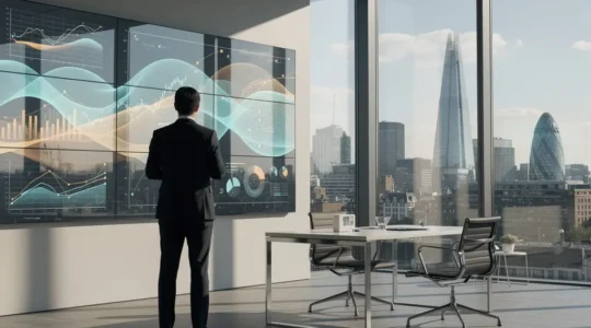 Professional business analyst examining predictive consumer data on multiple screens in modern UK office