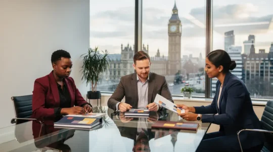 Legal professionals reviewing AI-generated marketing materials in a modern UK office with Big Ben visible through windows