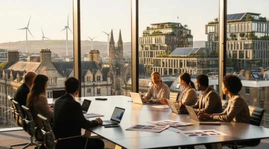 Corporate boardroom with UK cityscape view showing sustainable energy elements and business professionals in strategic discussion