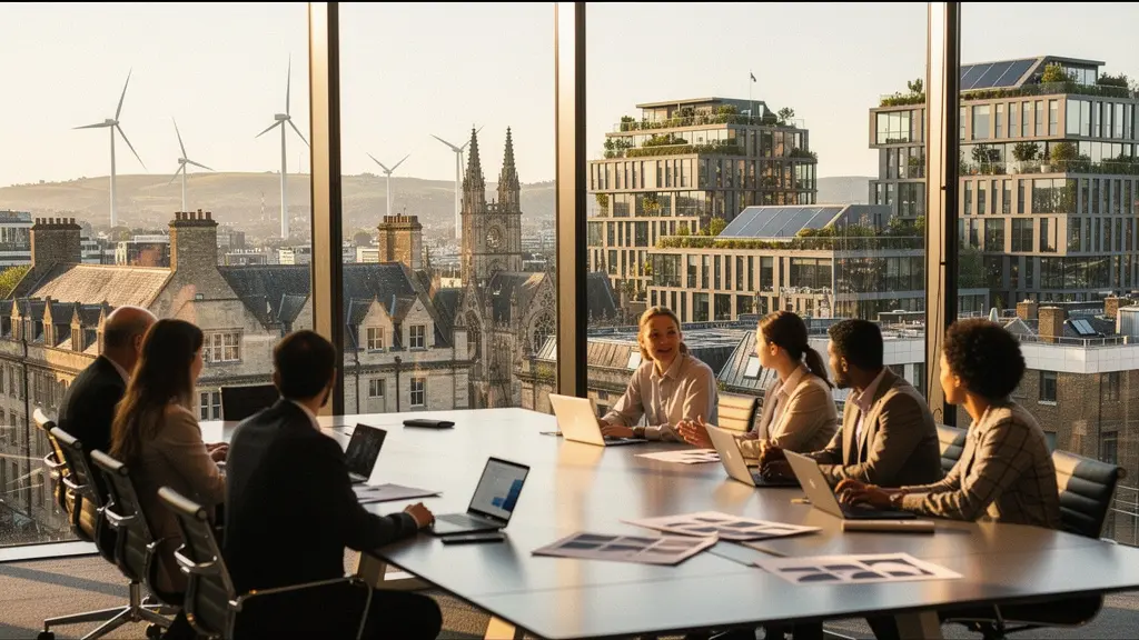 Corporate boardroom with UK cityscape view showing sustainable energy elements and business professionals in strategic discussion