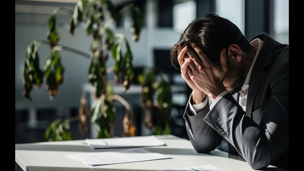 Exhausted UK office worker surrounded by wilting plants symbolizing the pressure of environmental goals.