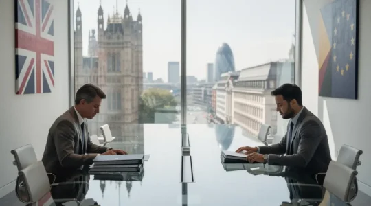 Business professionals reviewing trademark documents in a modern UK office setting