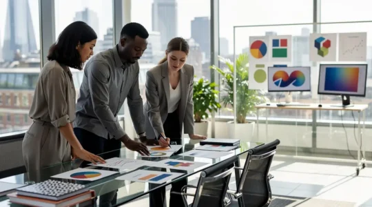 Professional UK finance team reviewing documents in a modern office setting