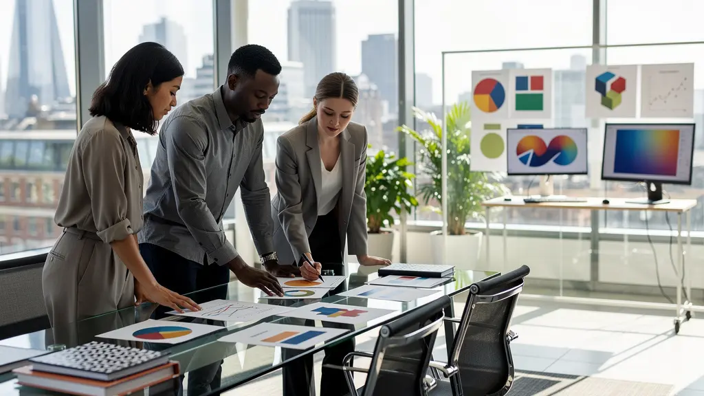 Professional UK finance team reviewing documents in a modern office setting