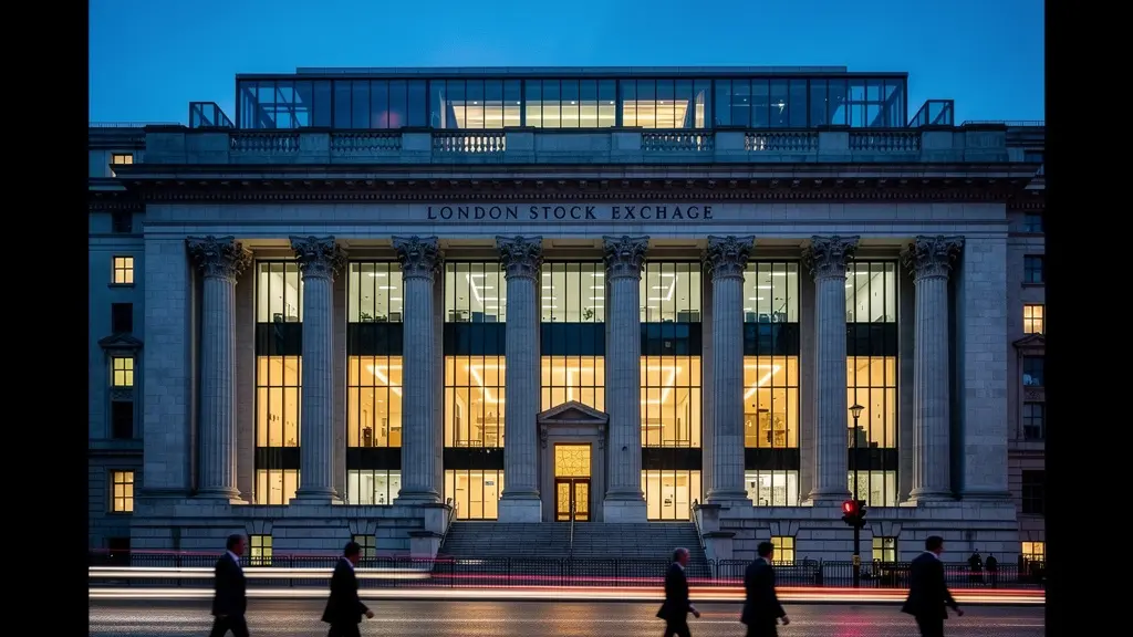 Wide shot of London Stock Exchange building exterior at dusk with professionals rushing past