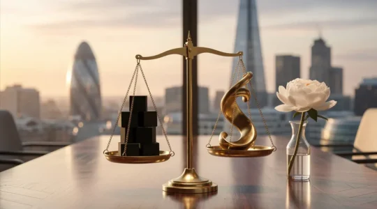 A symbolic representation of adapting governance structures in the UK, showing a balanced architectural element against a London skyline at dawn.