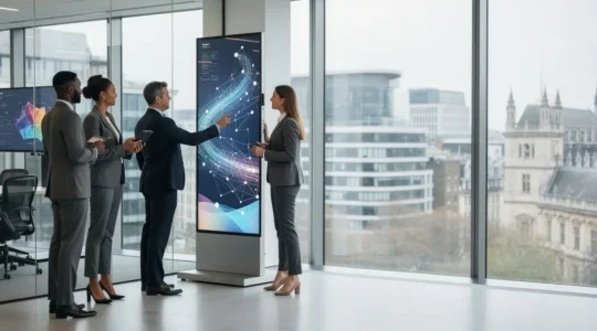 Business compliance team analyzing UK PECR regulations for marketing database growth in modern office setting