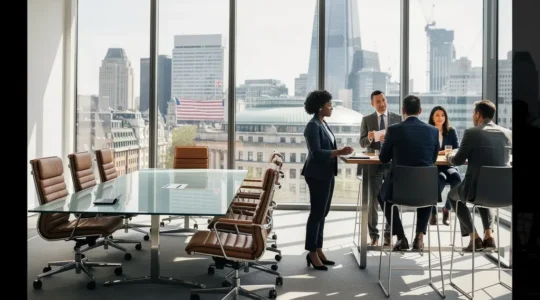 Modern UK boardroom contrasting traditional hierarchical control with collaborative autonomous team dynamics