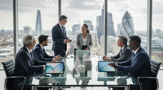 Business professionals analyzing pricing data with UK economic indicators and inflation charts on modern office screens