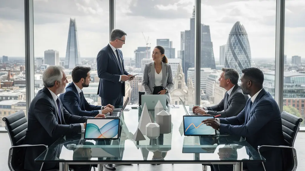 Business professionals analyzing pricing data with UK economic indicators and inflation charts on modern office screens