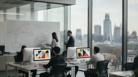 Strategic tech hub workspace showing development teams collaborating on R&D projects with UK financial district visible through windows