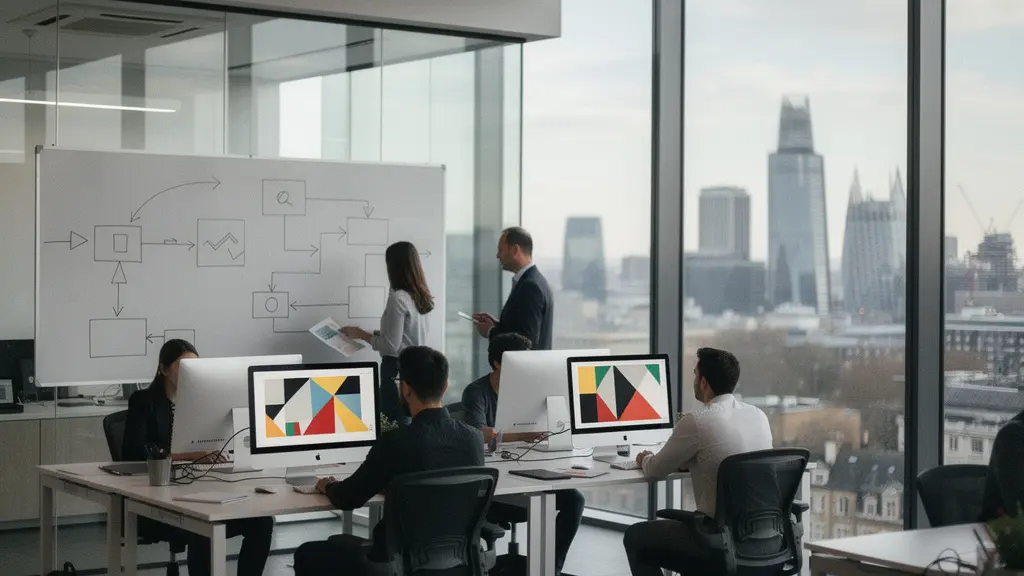Strategic tech hub workspace showing development teams collaborating on R&D projects with UK financial district visible through windows
