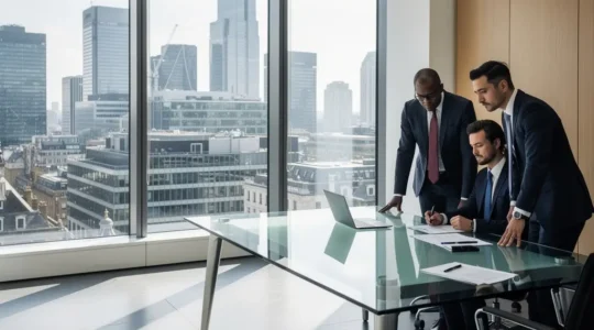 UK business leader reviewing redundancy documents with HR team in modern office