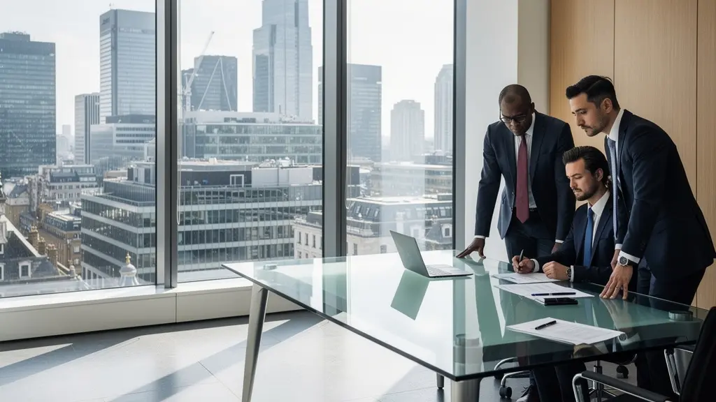 UK business leader reviewing redundancy documents with HR team in modern office