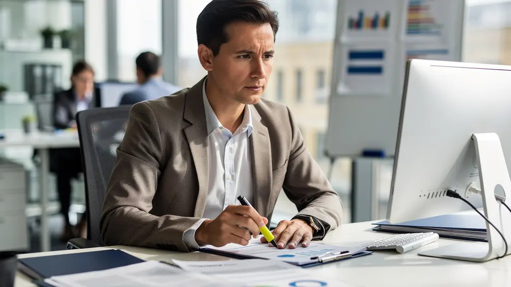 UK business professionals reviewing compliance systems on screens in modern office