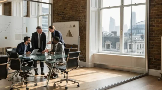 Professional UK service consultants analyzing market data and strategic positioning in modern London office