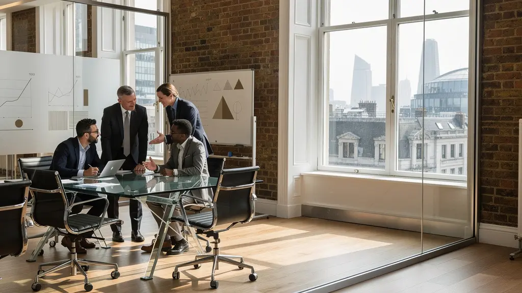 Professional UK service consultants analyzing market data and strategic positioning in modern London office