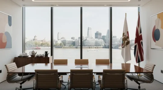 Professional meeting room showcasing British and foreign business culture integration