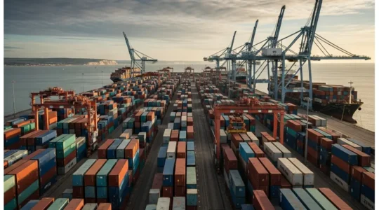 Aerial view of a busy UK port with shipping containers and cargo vessels illustrating supply chain logistics complexity