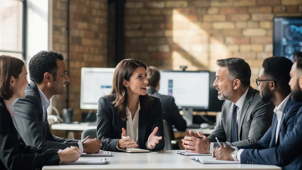 Tech company board meeting with advisory council members in modern office setting