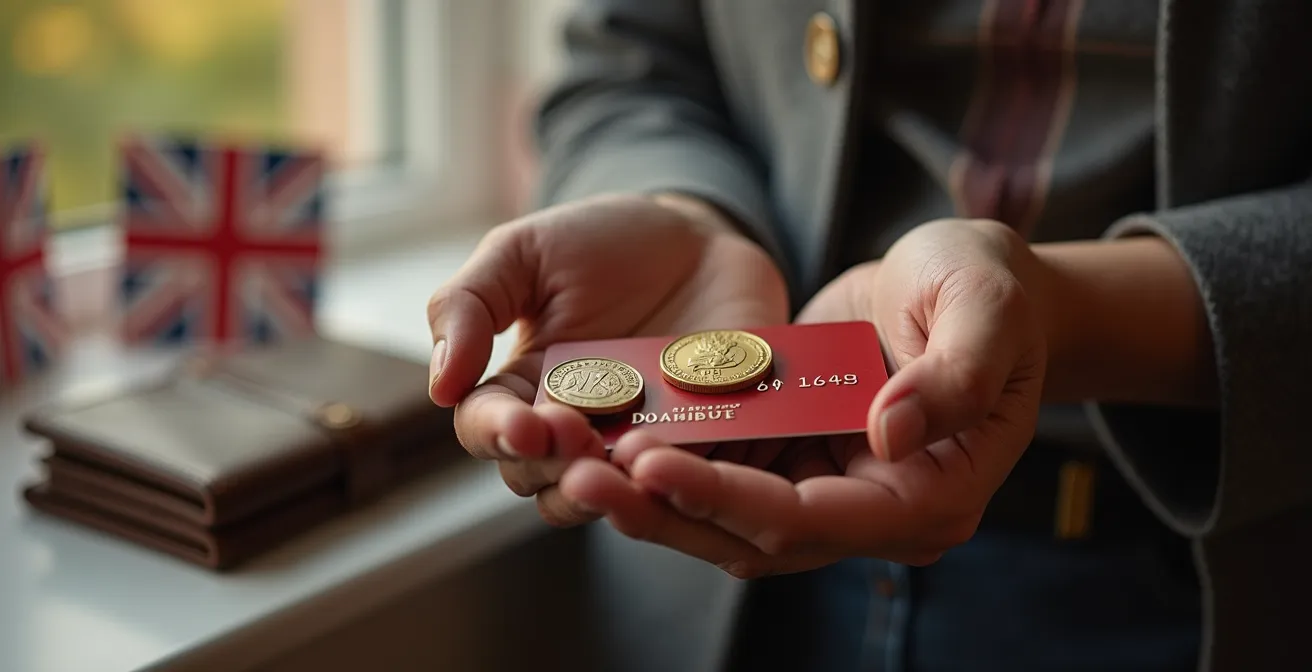 Traditional British retail trust elements and modern checkout interface metaphor