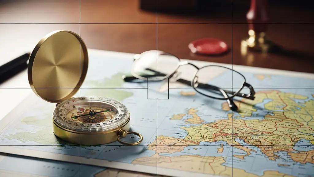 A professional editorial photograph depicting a symbolic representation of UK digital services VAT compliance after Brexit, featuring a vintage brass compass resting on layered maps of Europe and the United Kingdom.