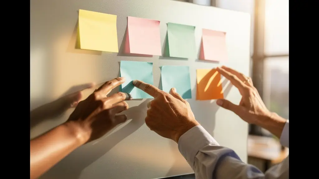 A diverse UK team collaborates during a values workshop, placing colourful sticky notes on a glass wall.